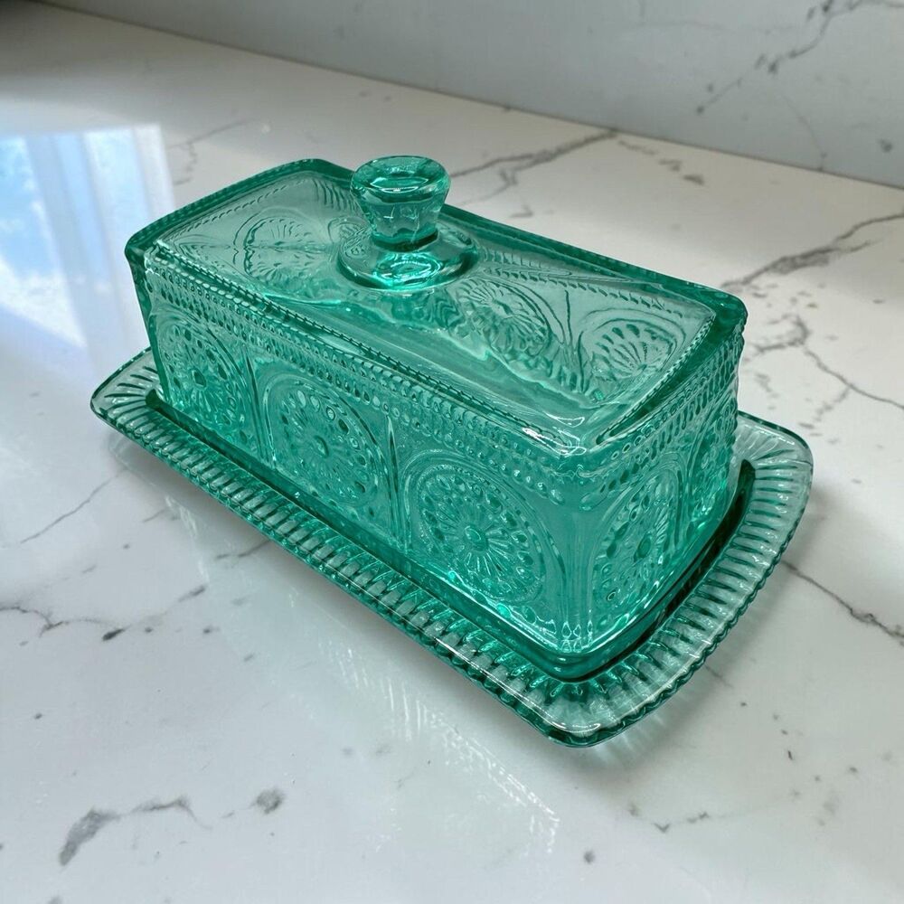 Pioneer Woman Green Teal Glass Covered Butter Dish w/ Lid, Floral Farmhouse